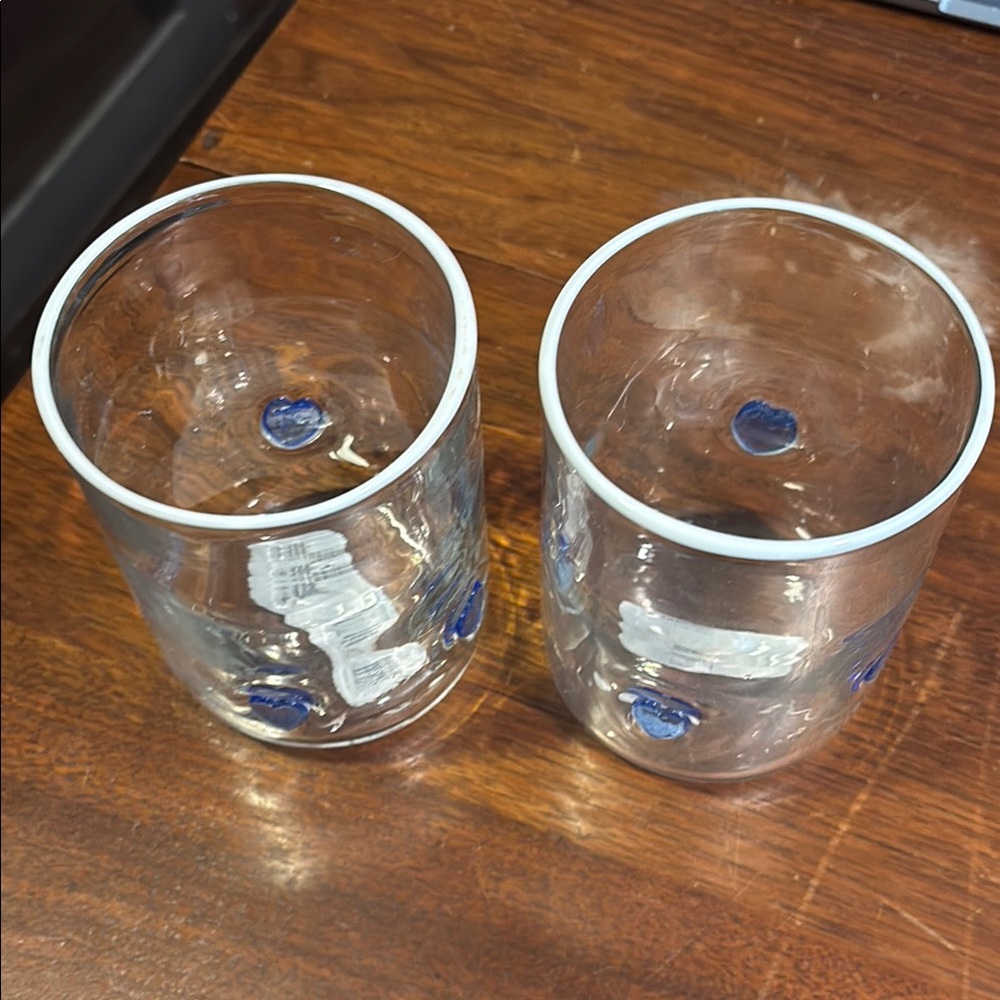 A pair of Anthropologie Clear and Blue Hearts Glass Tumblers